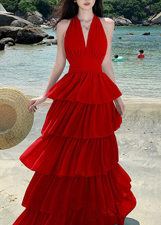 Beach Red V Neck Halter Backless Maxi Cake Dress Sleeveless