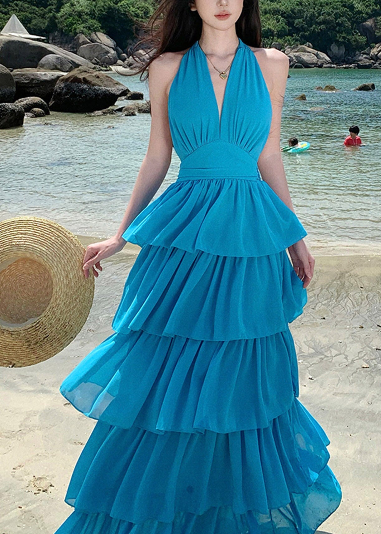 Beach Red V Neck Halter Backless Maxi Cake Dress Sleeveless