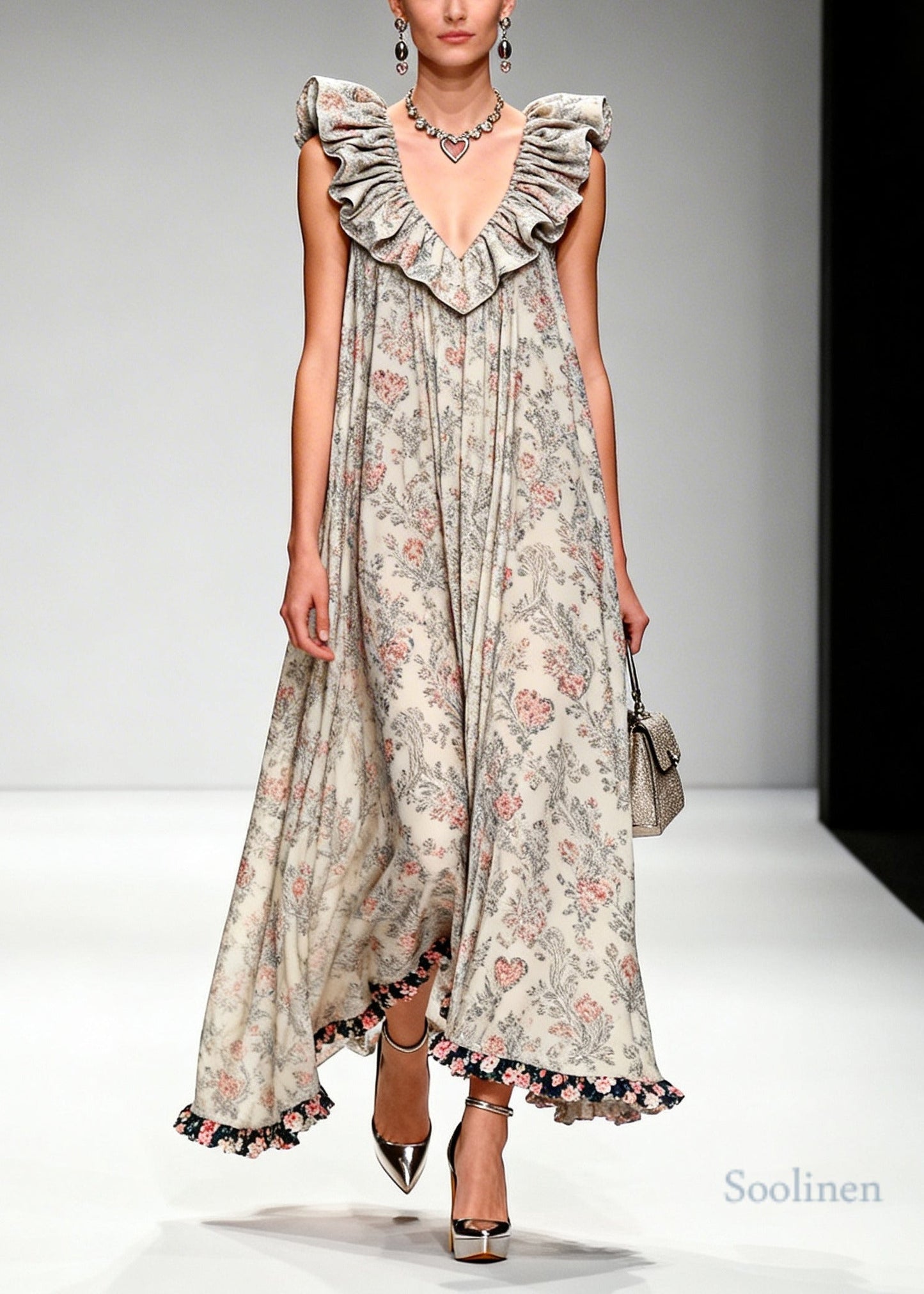 Beautiful Apricot Ruffled Print Chiffon Maxi Dresses Sleeveless