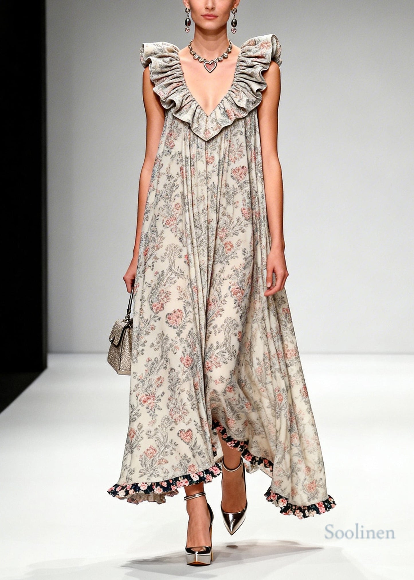 Beautiful Apricot Ruffled Print Chiffon Maxi Dresses Sleeveless