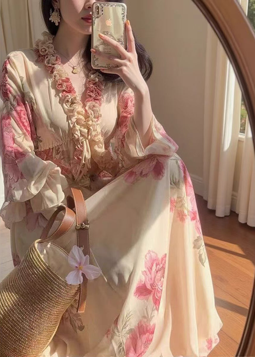Beautiful Apricot Ruffled Print Chiffon Two Pieces Set Spring