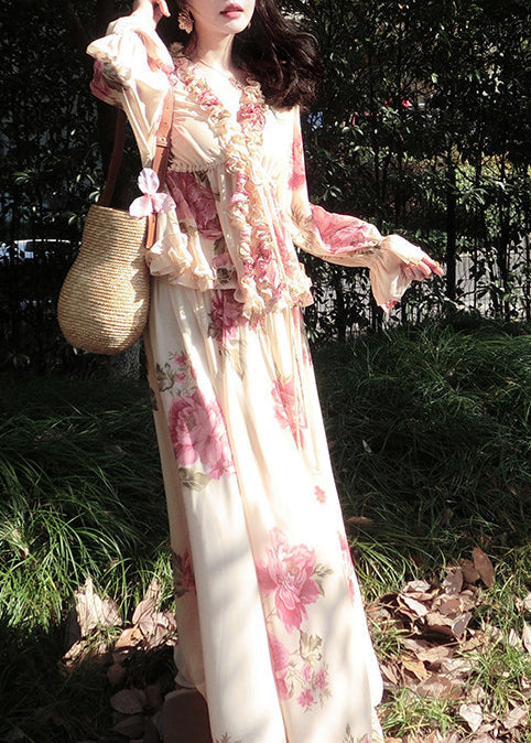 Beautiful Apricot Ruffled Print Chiffon Two Pieces Set Spring