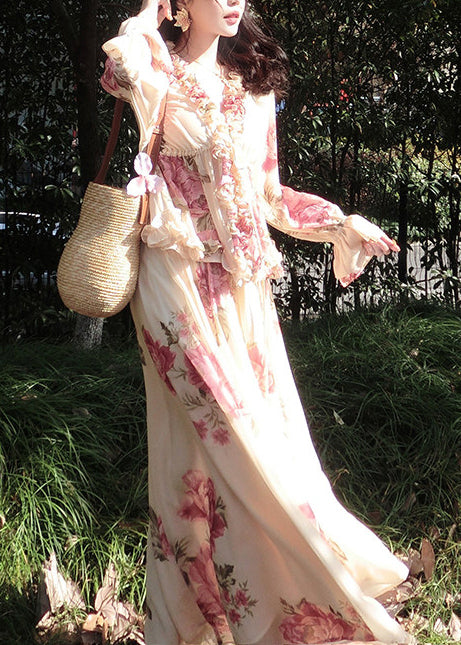 Beautiful Apricot Ruffled Print Chiffon Two Pieces Set Spring