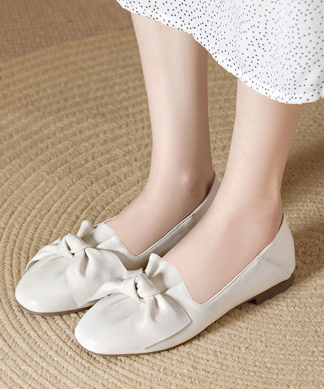 Beautiful Beige Cowhide Leather Soft Flats Splicing Bow