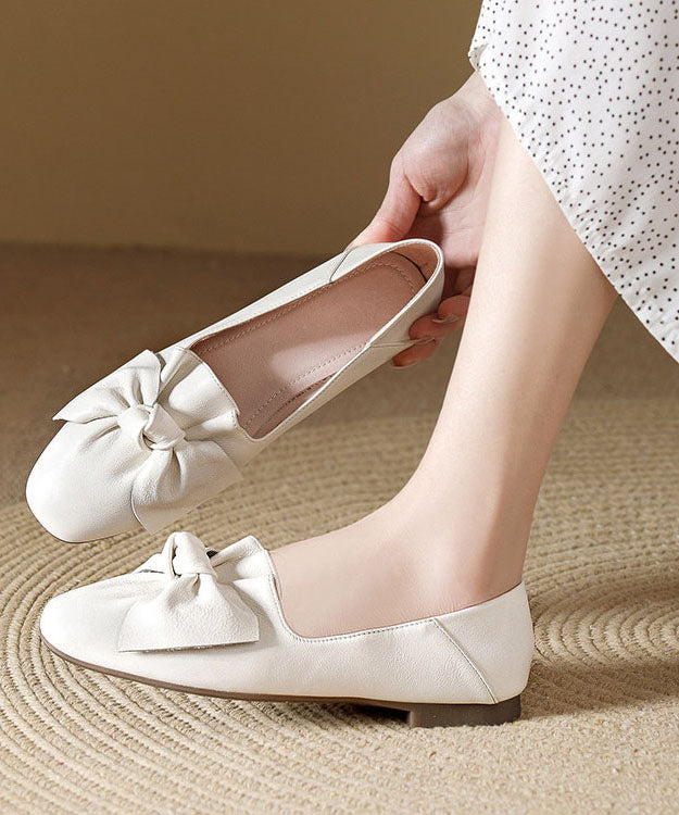 Beautiful Beige Cowhide Leather Soft Flats Splicing Bow