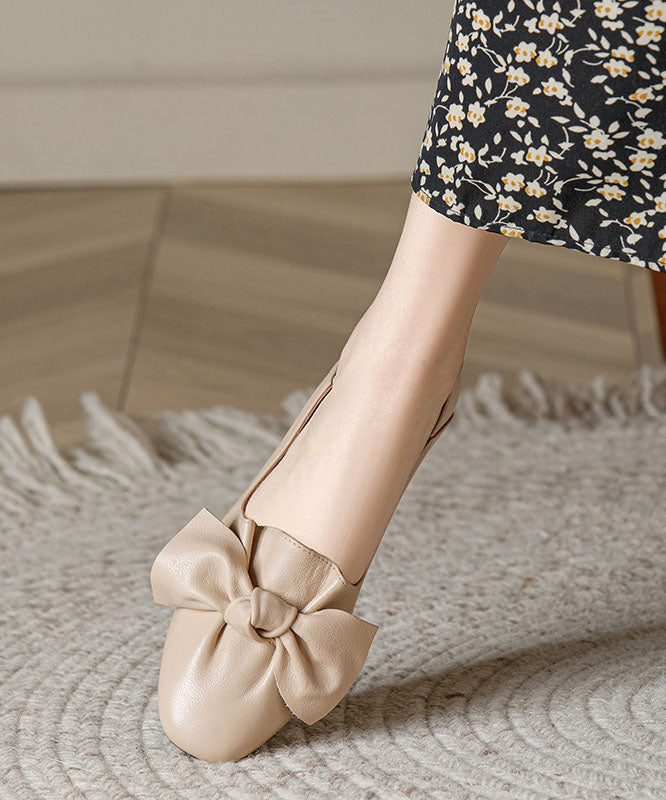 Beautiful Beige Cowhide Leather Soft Flats Splicing Bow