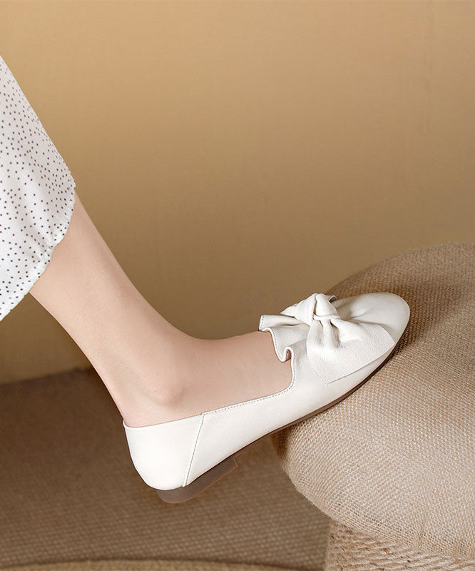 Beautiful Beige Cowhide Leather Soft Flats Splicing Bow