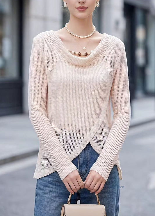 Beautiful Beige Hollow Out Polyester Tops Spring