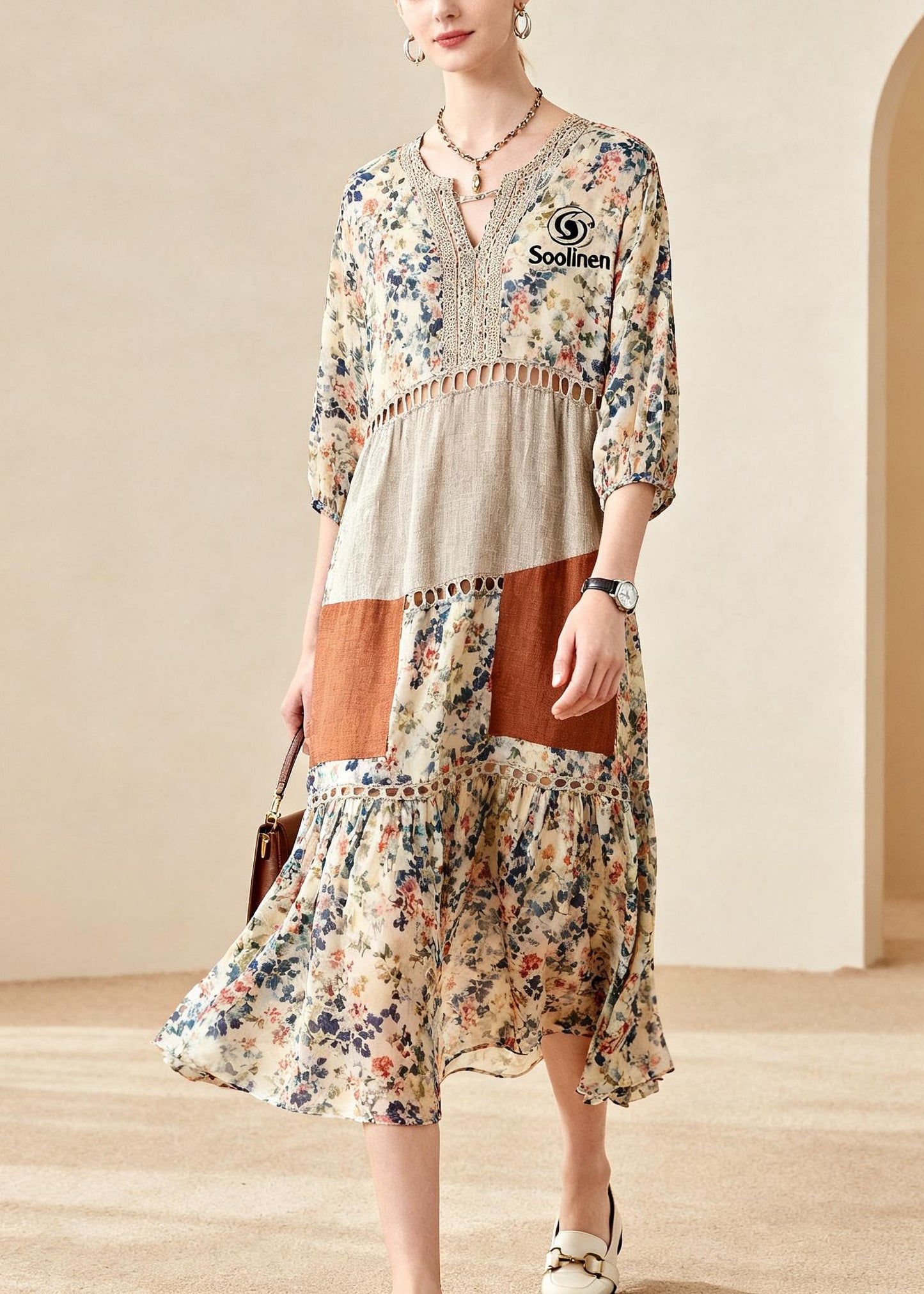 Beautiful Beige Print Patchwork Hollow Out Cotton Maxi Dress Summer