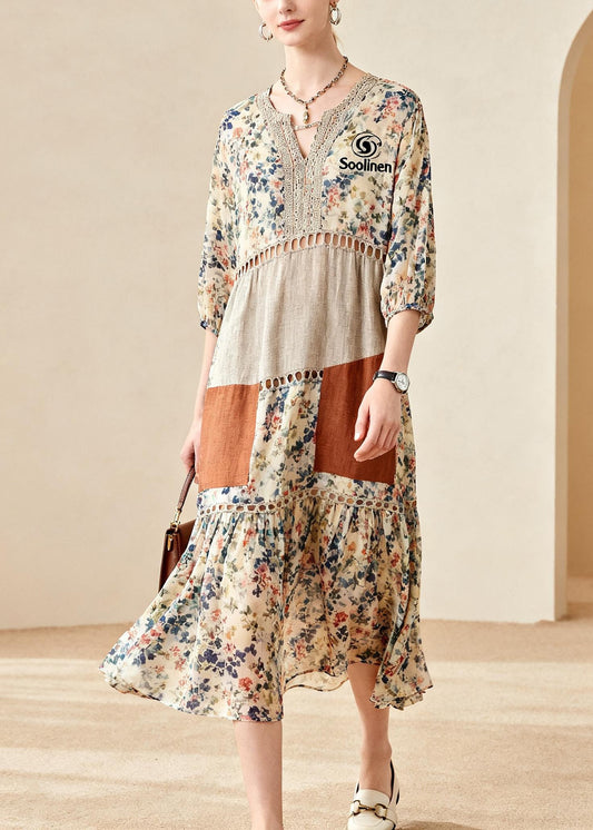 Beautiful Beige Print Patchwork Hollow Out Cotton Maxi Dress Summer