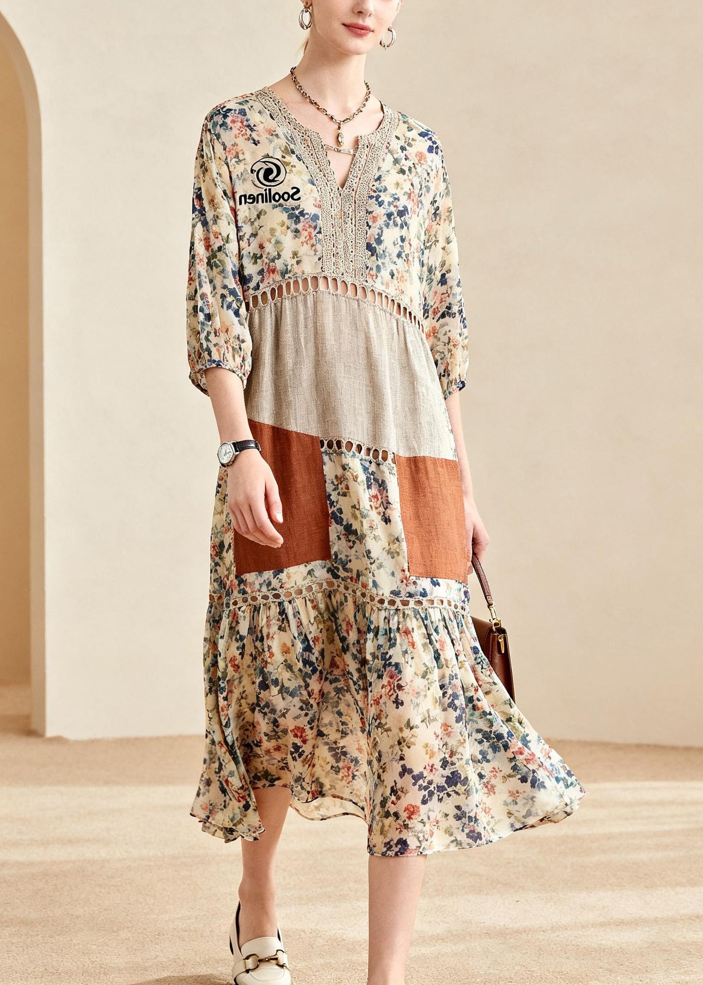 Beautiful Beige Print Patchwork Hollow Out Cotton Maxi Dress Summer