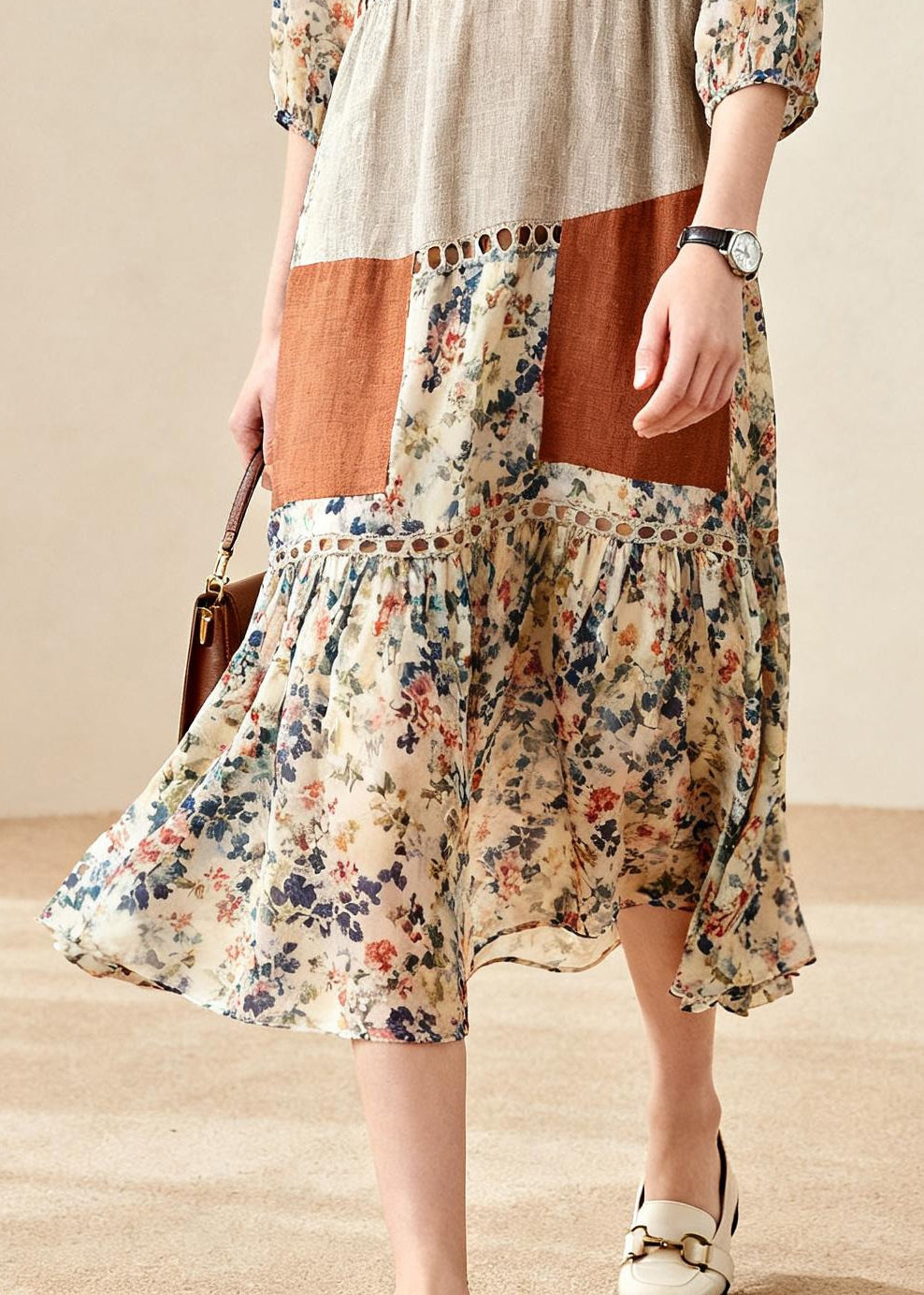 Beautiful Beige Print Patchwork Hollow Out Cotton Maxi Dress Summer