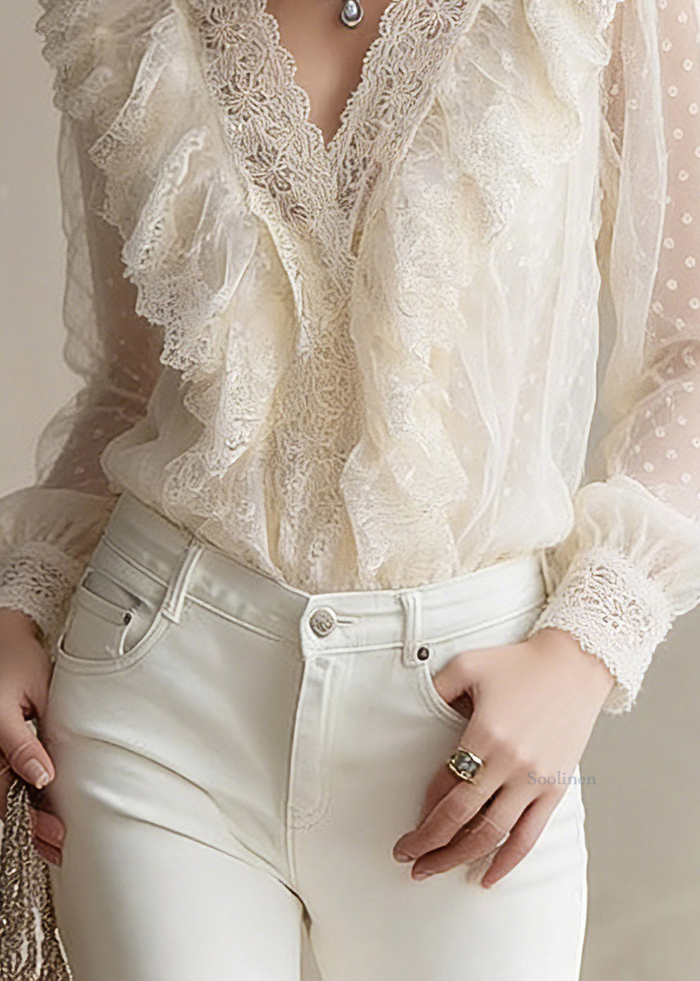 Beautiful Beige V Neck Dot Lace Tops Lantern Sleeve