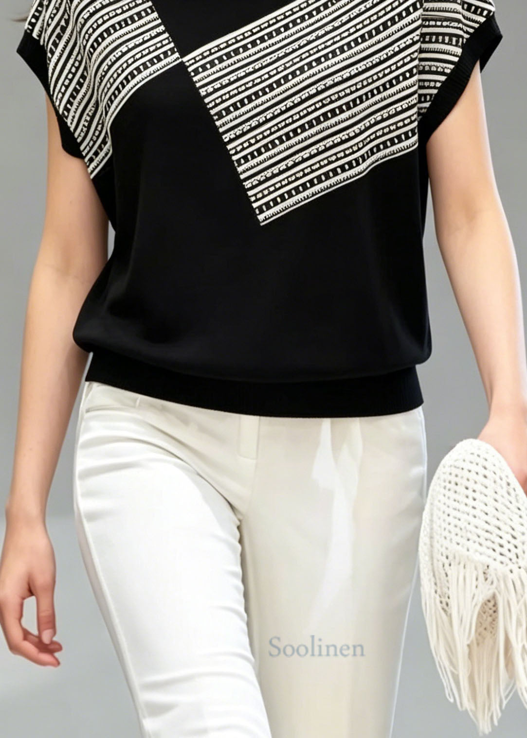 Beautiful Black O Neck Striped Thin Knit T Shirt Top Summer
