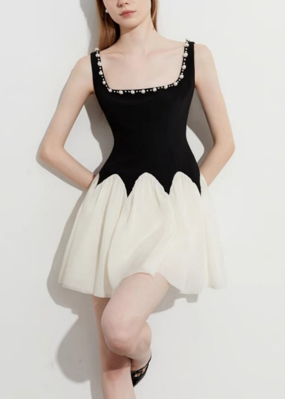 Beautiful Black Square Collar Patchwork Pearl Mini Dress Summer