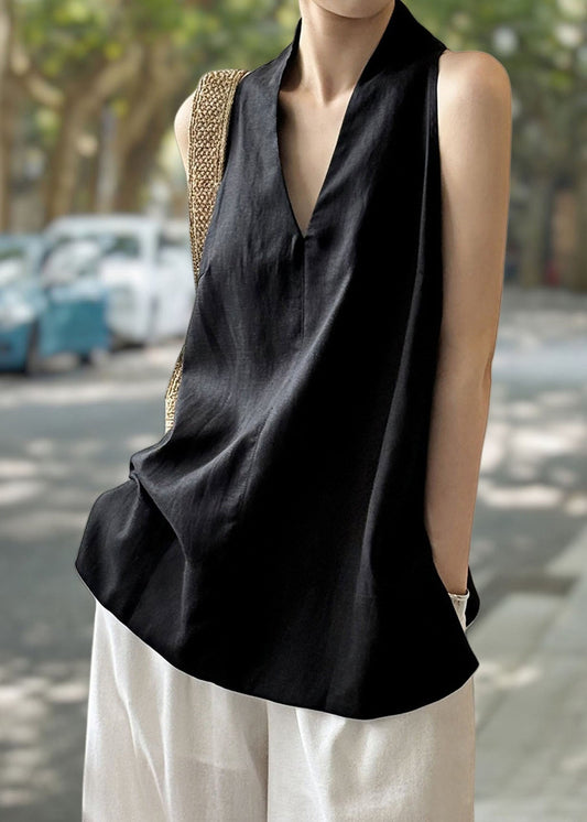 Beautiful Black V Neck Linen Shirt Top Sleeveless