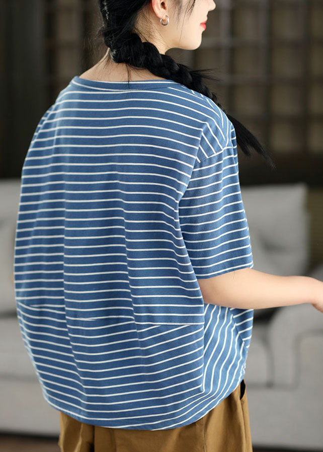 Beautiful Blue O Neck Striped Plus Size Linen Top Summer