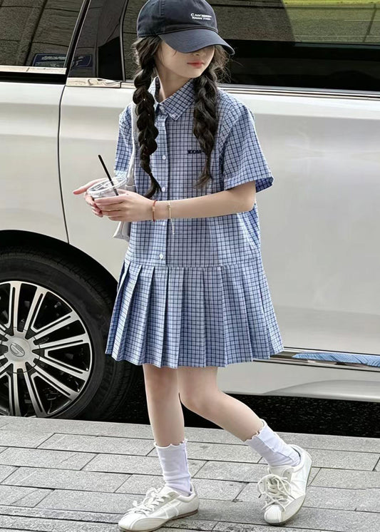 Beautiful Blue Oversized Plaid Cotton Baby Girls Day Dress Summer