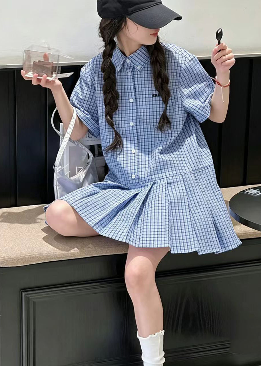 Beautiful Blue Oversized Plaid Cotton Baby Girls Day Dress Summer