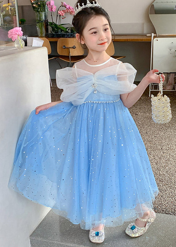 Beautiful Blue Sequins Patchwork Tulle Kids Maxi Dress Summer