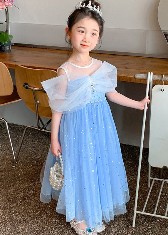 Beautiful Blue Sequins Patchwork Tulle Kids Maxi Dress Summer