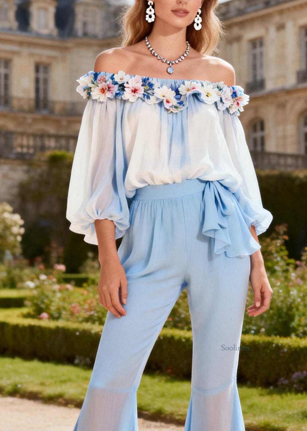Beautiful Blue Slash Neck Floral Chiffon Top And Flared Trousers Two Piece Set Spring
