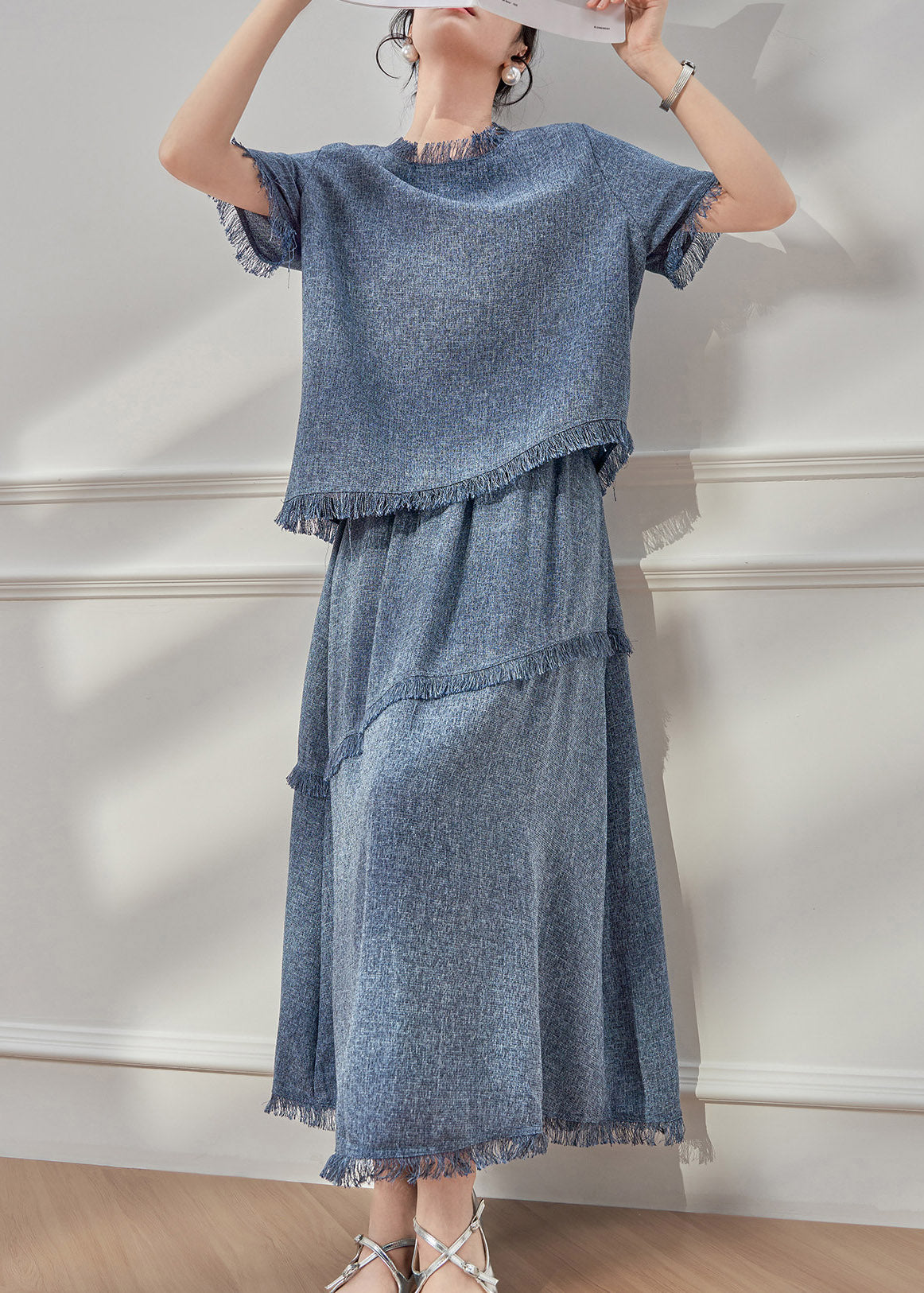 Beautiful Blue Tassel Patchwork T Shirt And Maxi Skirts Two Pieces Set Short Sleeve