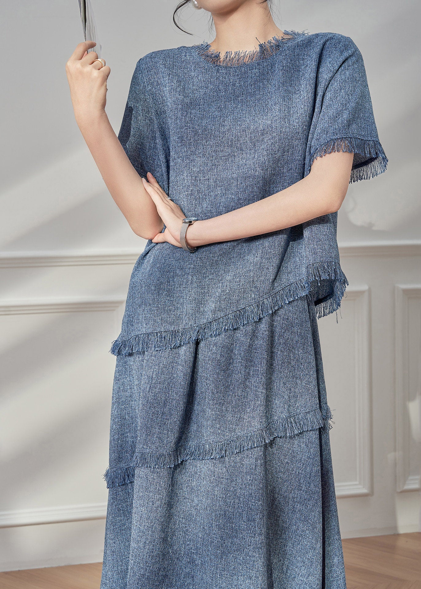 Beautiful Blue Tassel Patchwork T Shirt And Maxi Skirts Two Pieces Set Short Sleeve