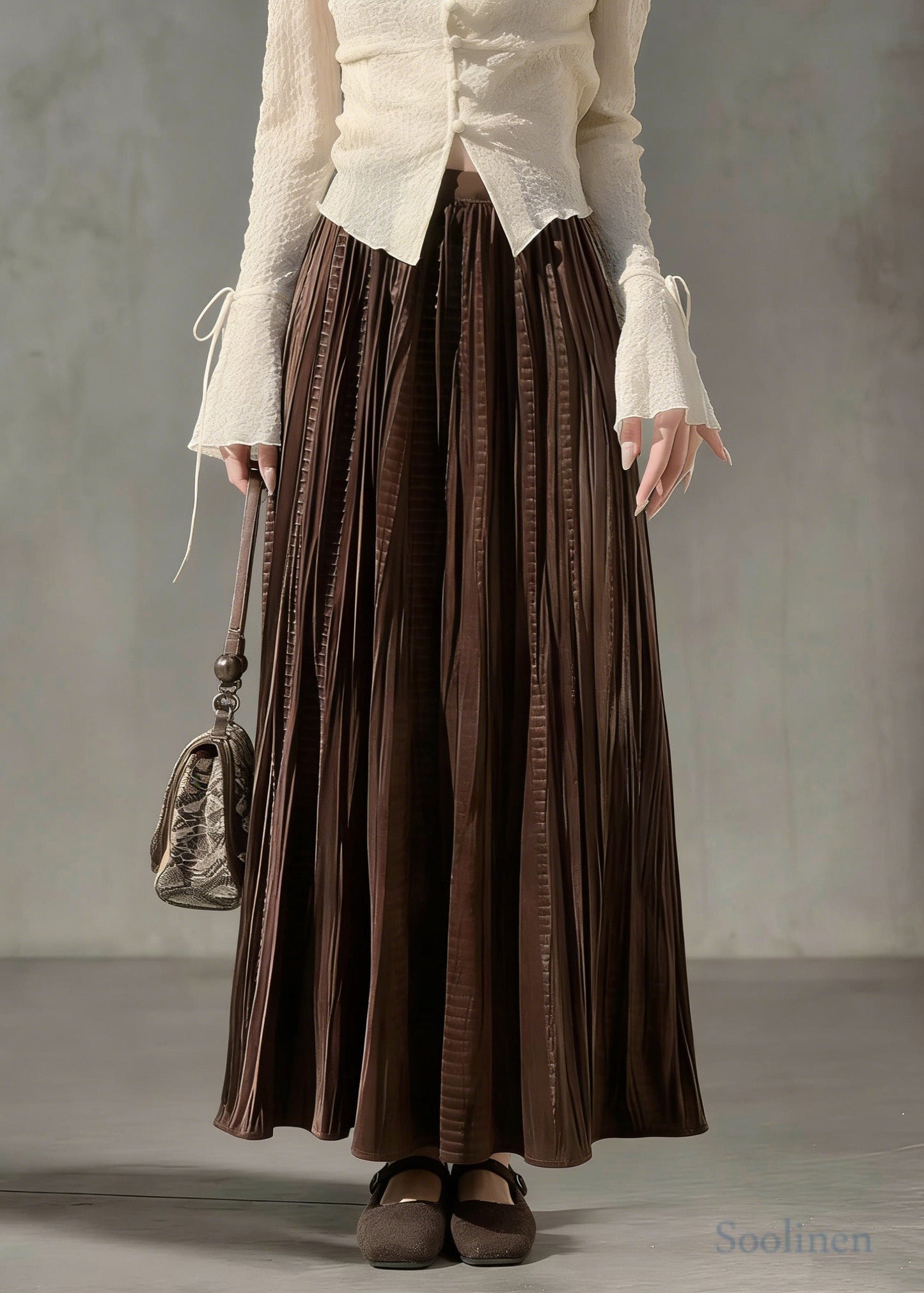 Beautiful Chocolate Oversized Wrinkled Silk Velvet Skirt Spring