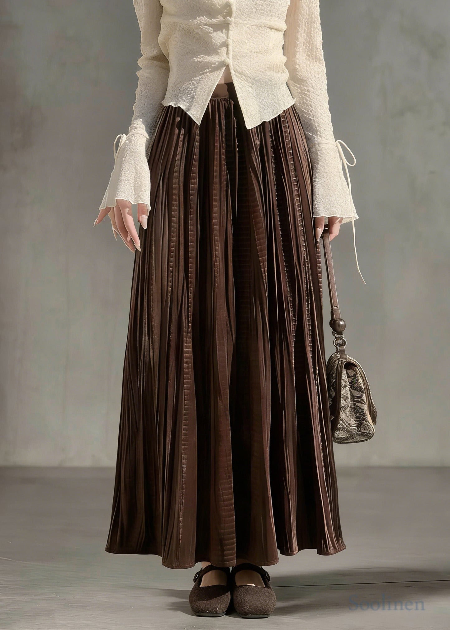 Beautiful Chocolate Oversized Wrinkled Silk Velvet Skirt Spring