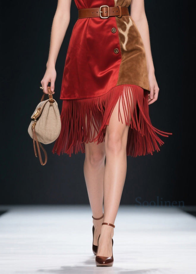 Beautiful Colorblock Tassel Patchwork Velvet Dresses Sleeveless