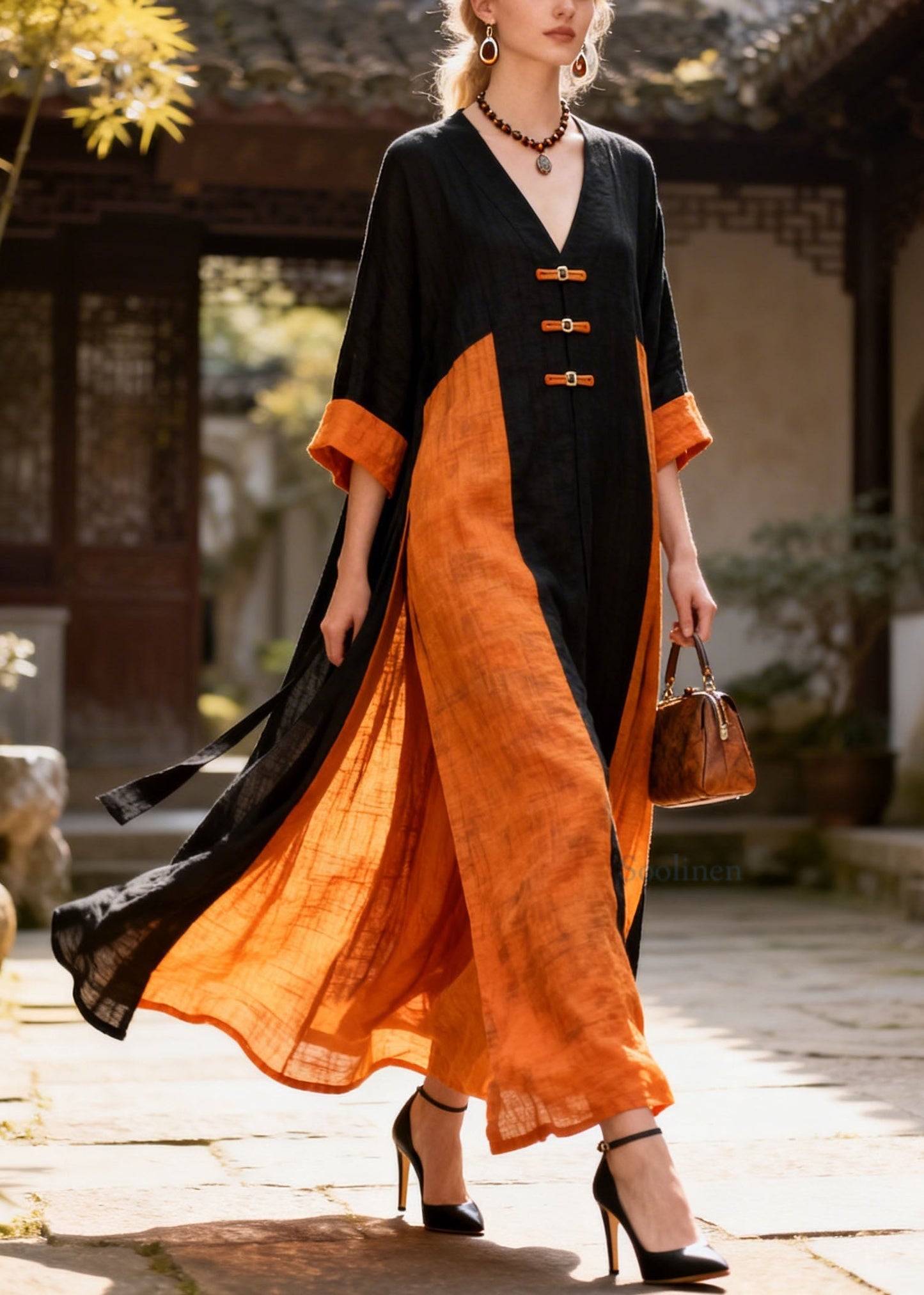 Beautiful Colorblock V Neck Patchwork Cotton Dress Summer