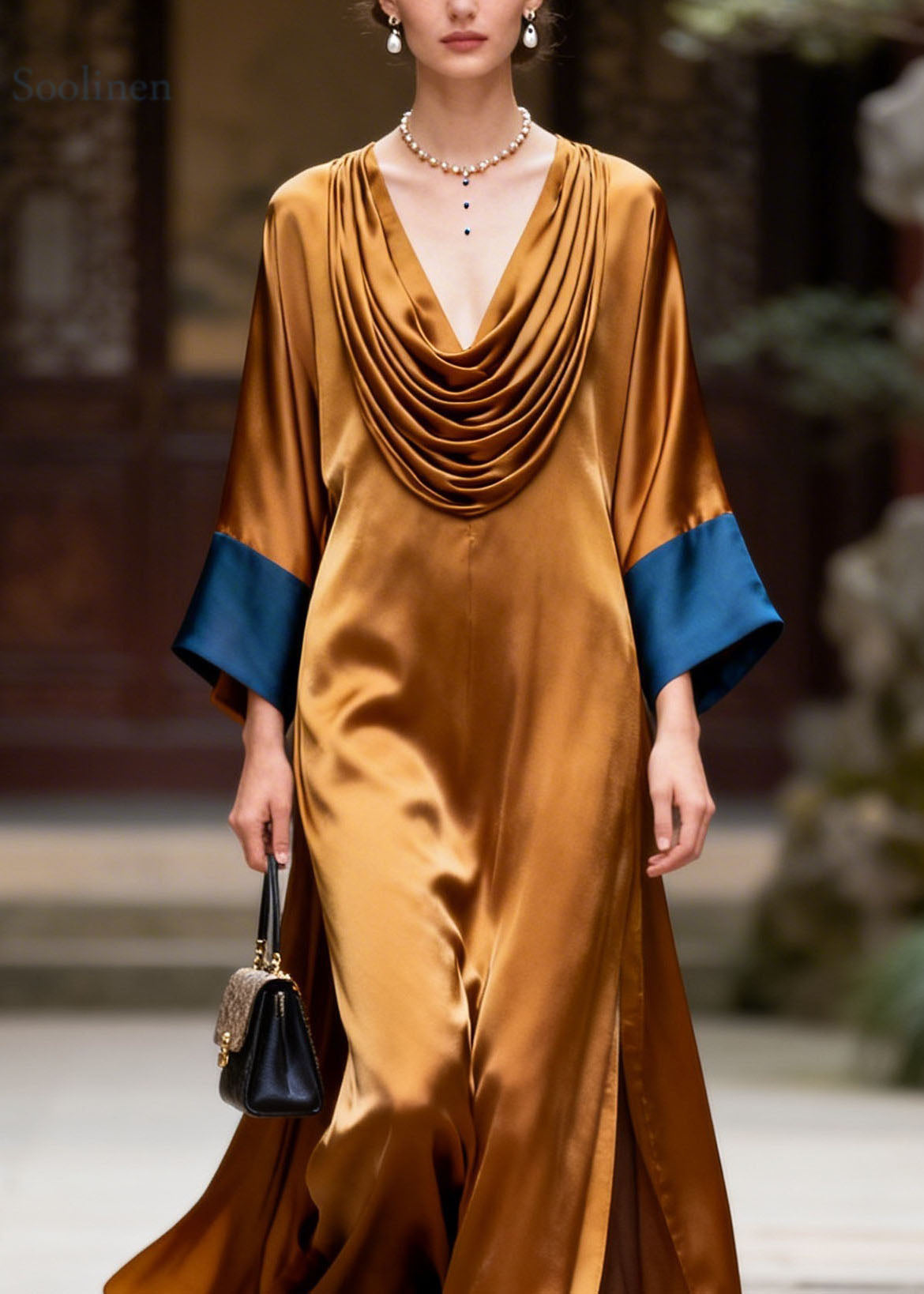 Beautiful Colorblock Wrinkled Patchwork Silk Long Dress Summer