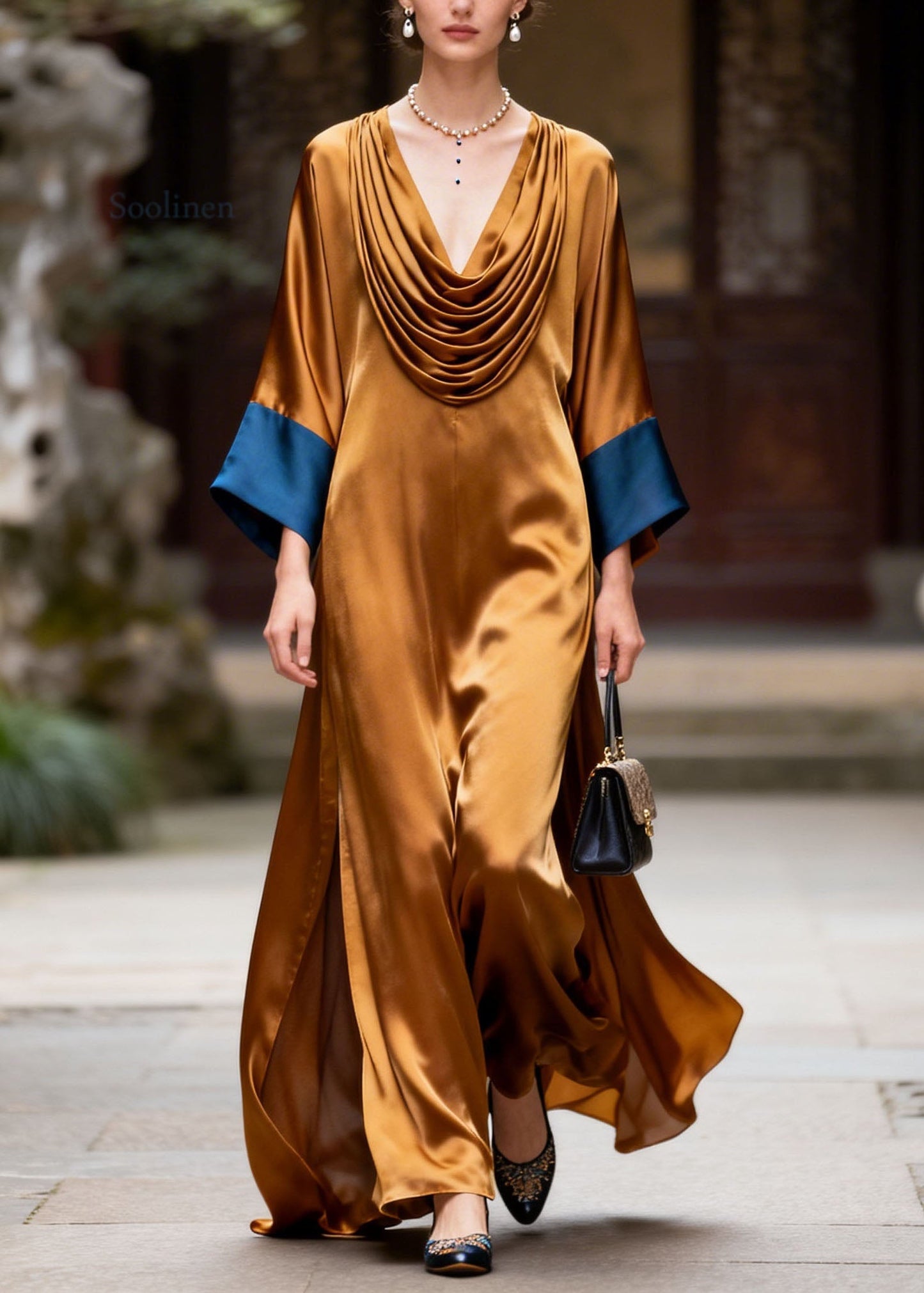 Beautiful Colorblock Wrinkled Patchwork Silk Long Dress Summer