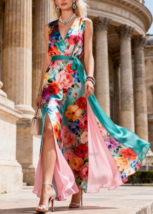 Beautiful Colorful Flowers Patchwork Side Open Chiffon Long Dress Summer