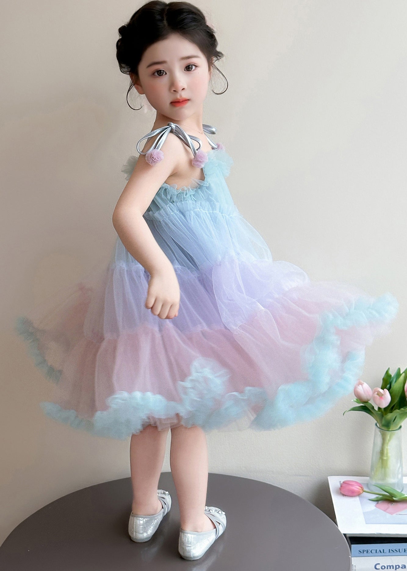 Beautiful Colorful Oversized Patchwork Tulle Kids Girls Dress Summer