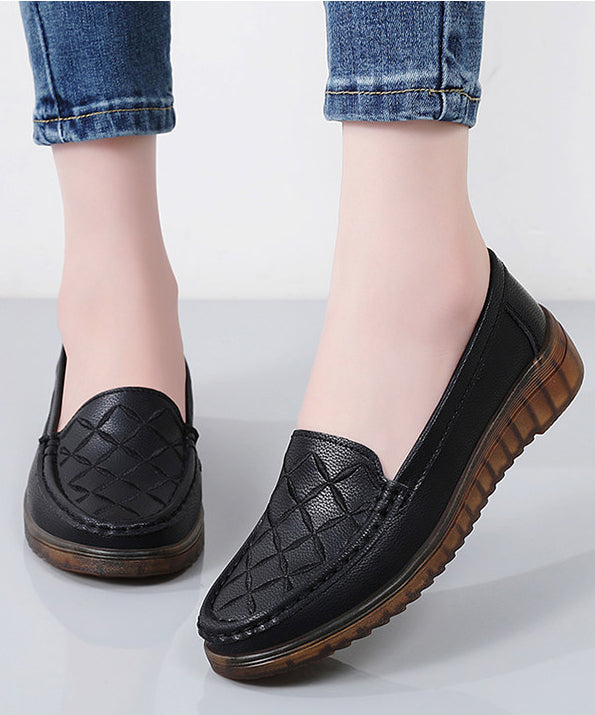 Beautiful Embroidery Flat Feet Shoes Black Cowhide Leather