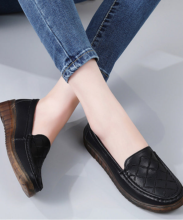 Beautiful Embroidery Flat Feet Shoes Black Cowhide Leather