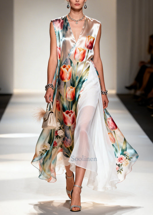 Beautiful Flower Print Patchwork Chiffon Maxi Dresses Sleeveless