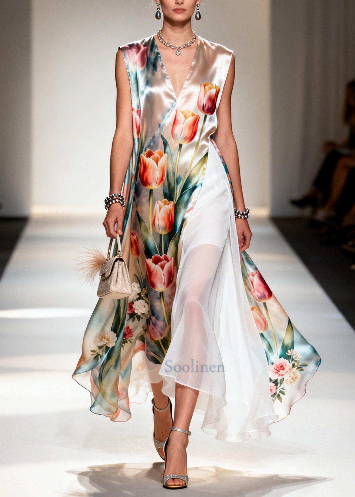 Beautiful Flower Print Patchwork Chiffon Maxi Dresses Sleeveless