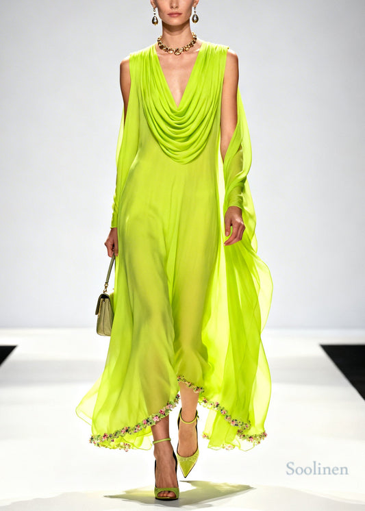 Beautiful Fluorescent Green Turtle Neck Patchwork Flower Chiffon Holiday Dress Summer