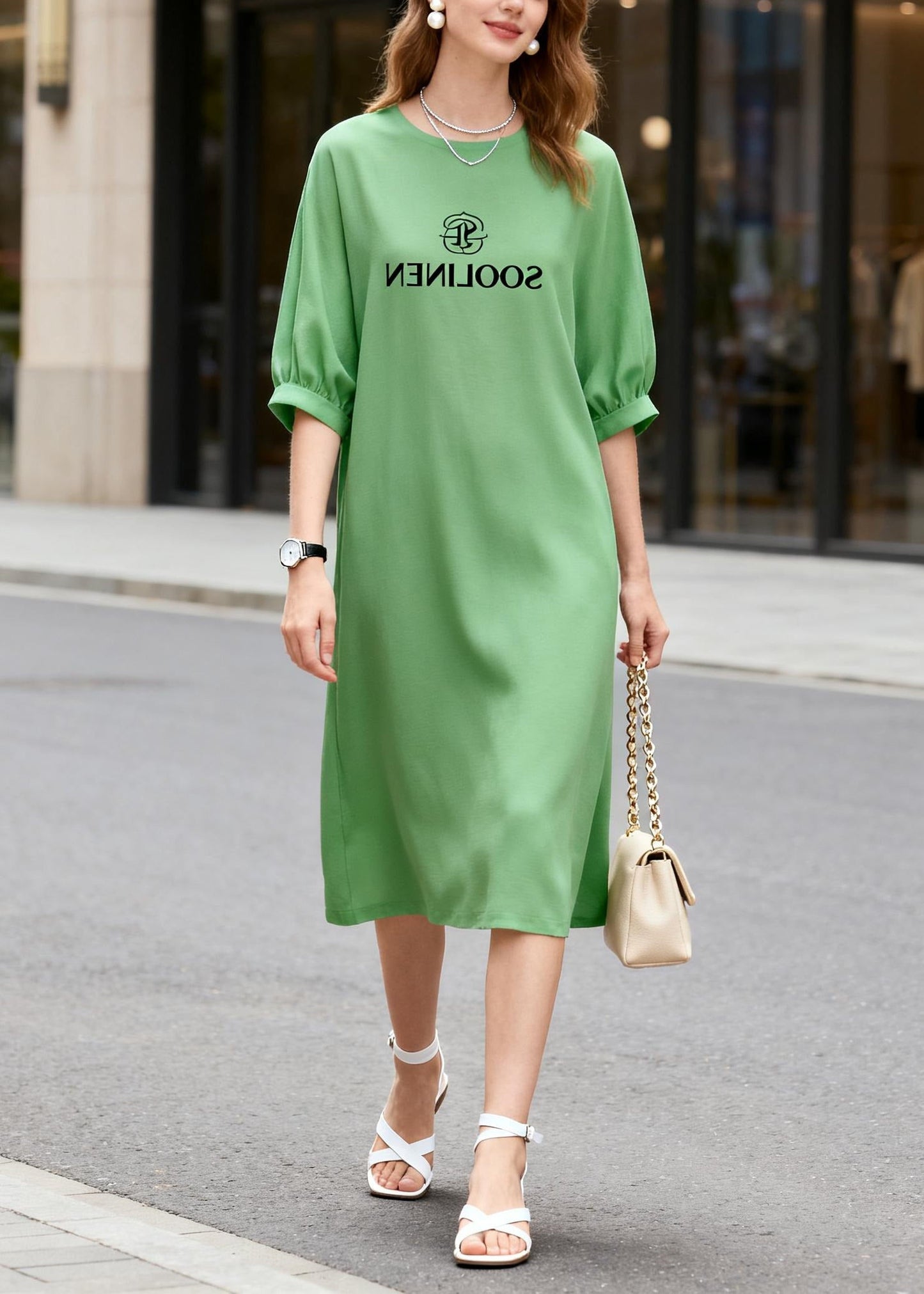 Beautiful Grass Green Print Cotton Straight Dresses Summer