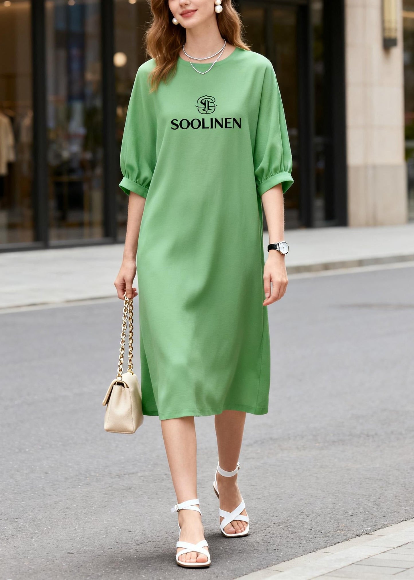 Beautiful Grass Green Print Cotton Straight Dresses Summer