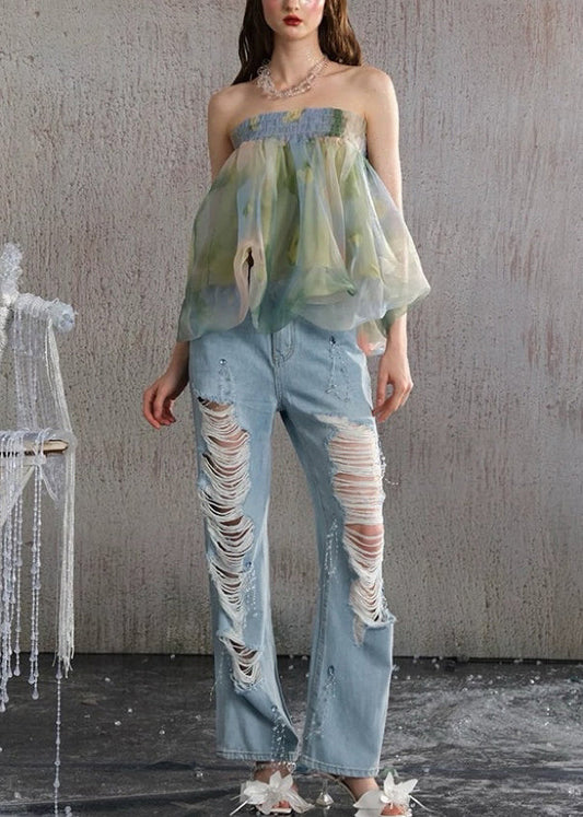 Beautiful Green Backless Print Chiffon Strapless Vests Summer