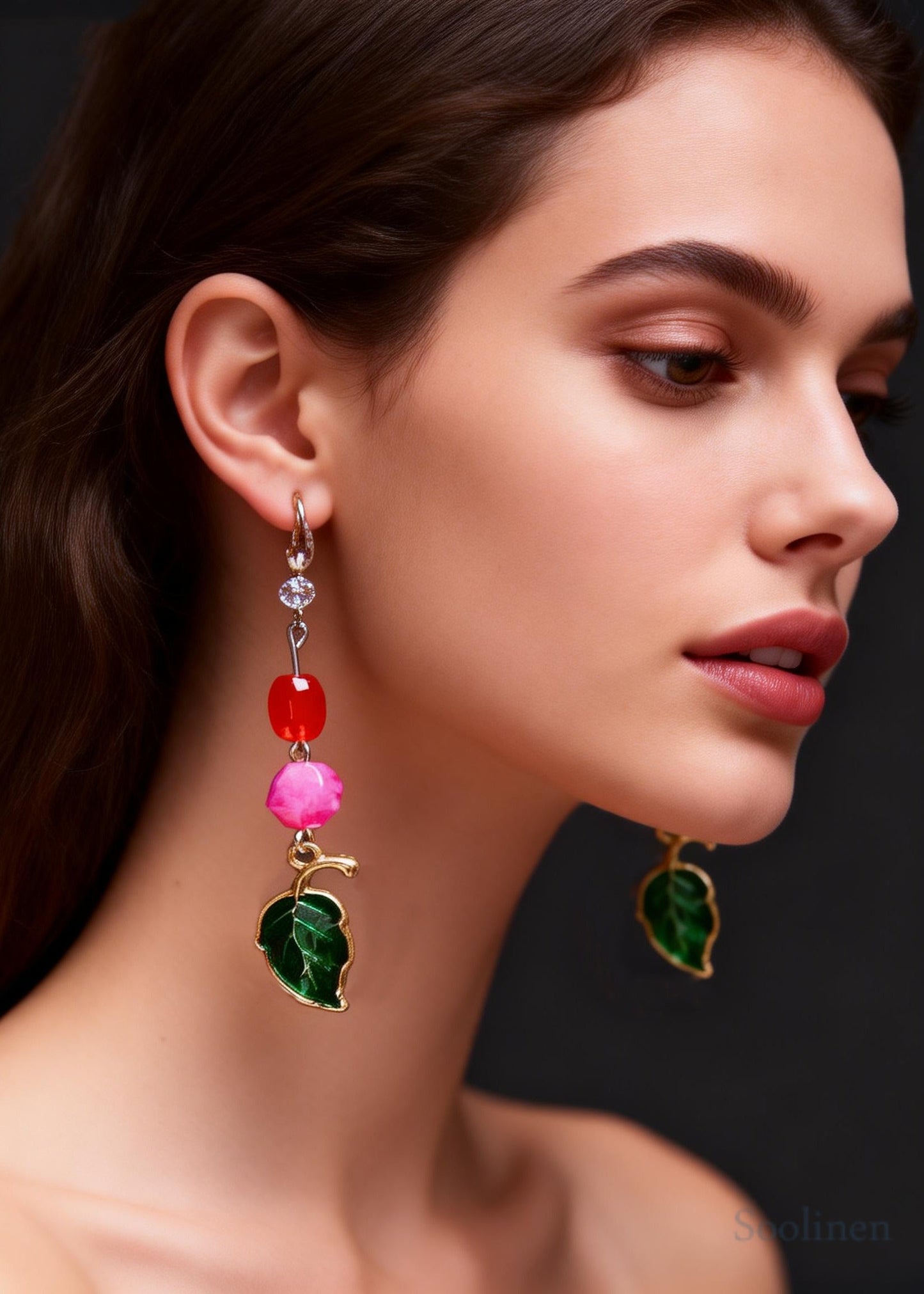 Beautiful Green Leaf Asymmetrical Jade Zircon Drop Earrings