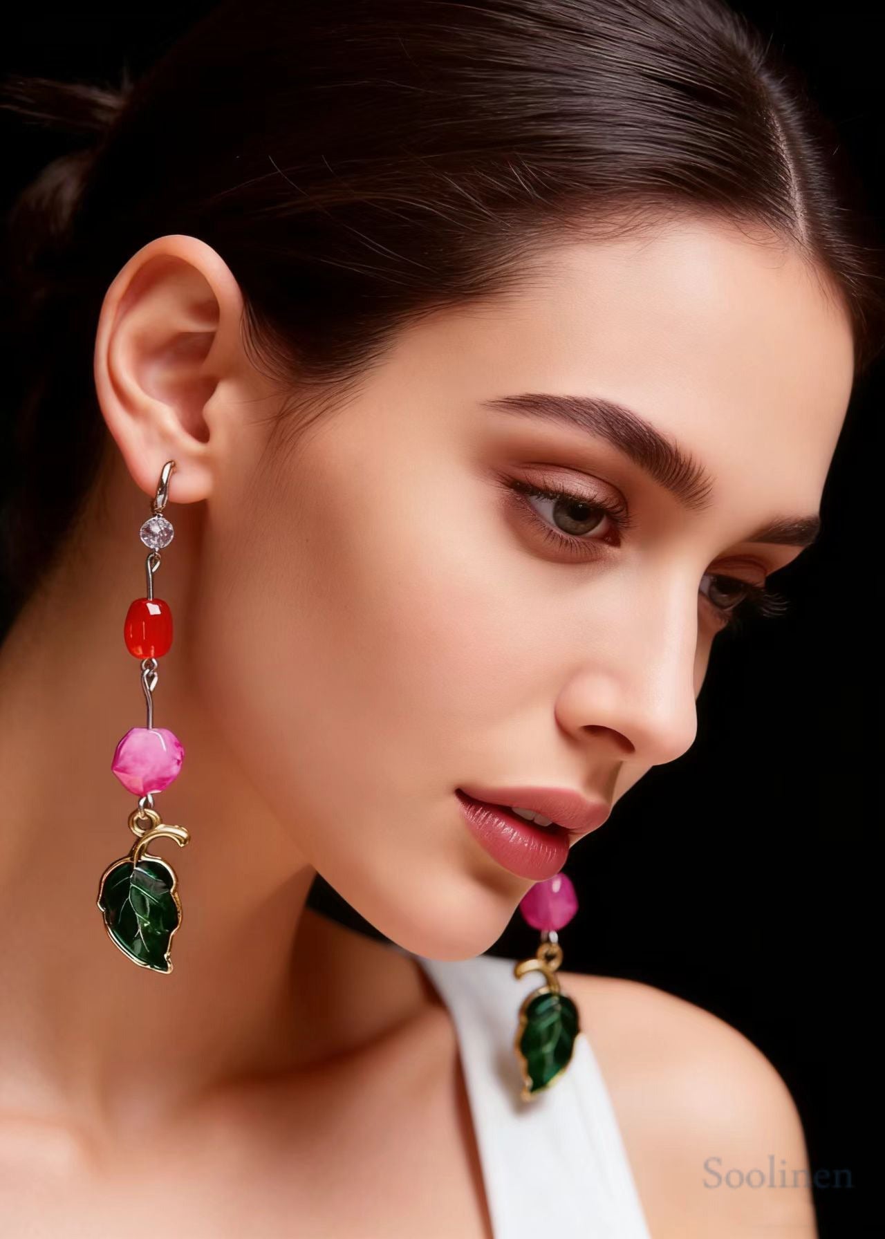 Beautiful Green Leaf Asymmetrical Jade Zircon Drop Earrings