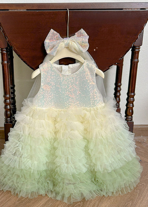 Beautiful Green O-Neck Patchwork Tulle Girls Maxi Cake Dress Summer