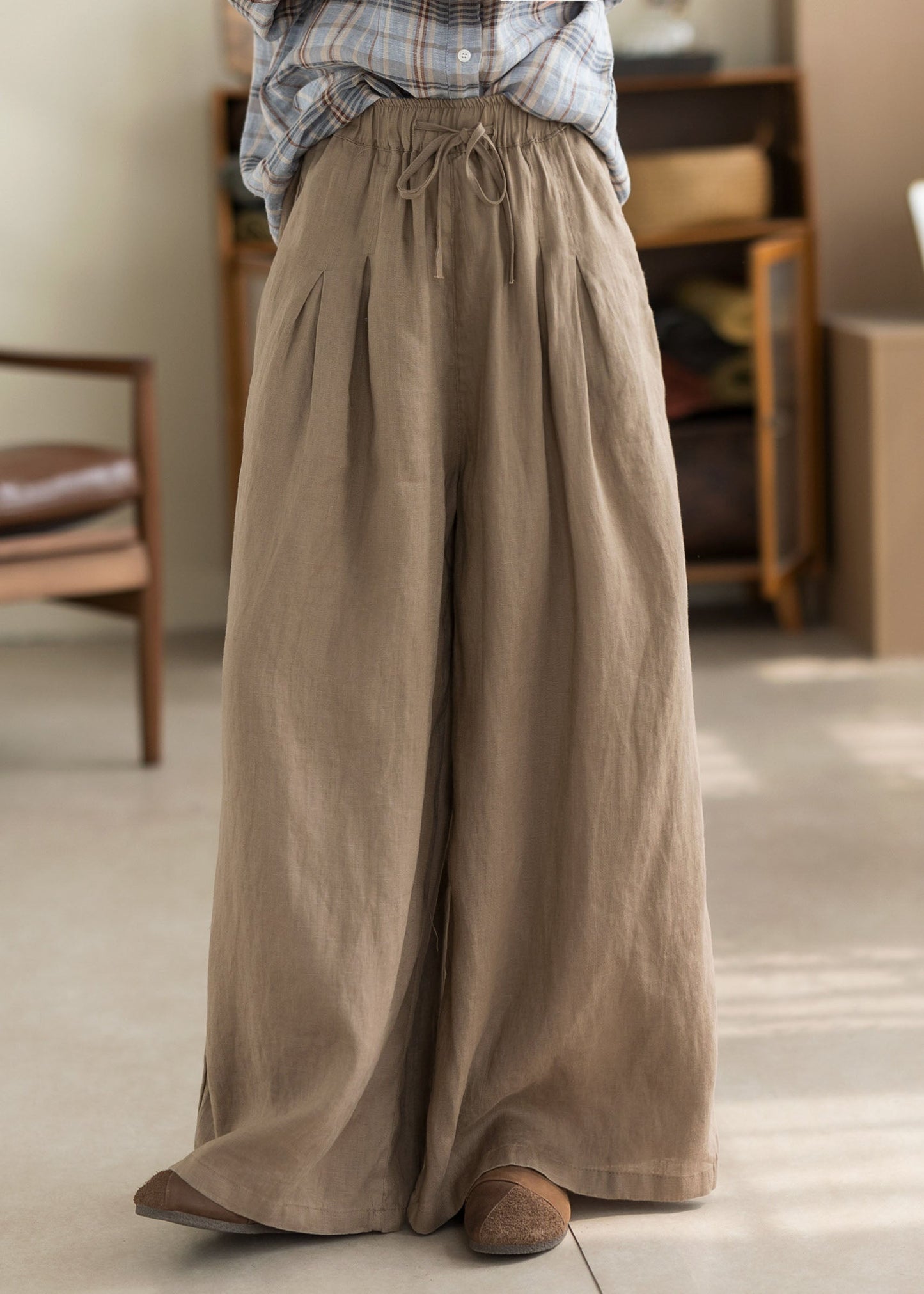Beautiful Green Pockets Elastic Waist Linen Pants Summer