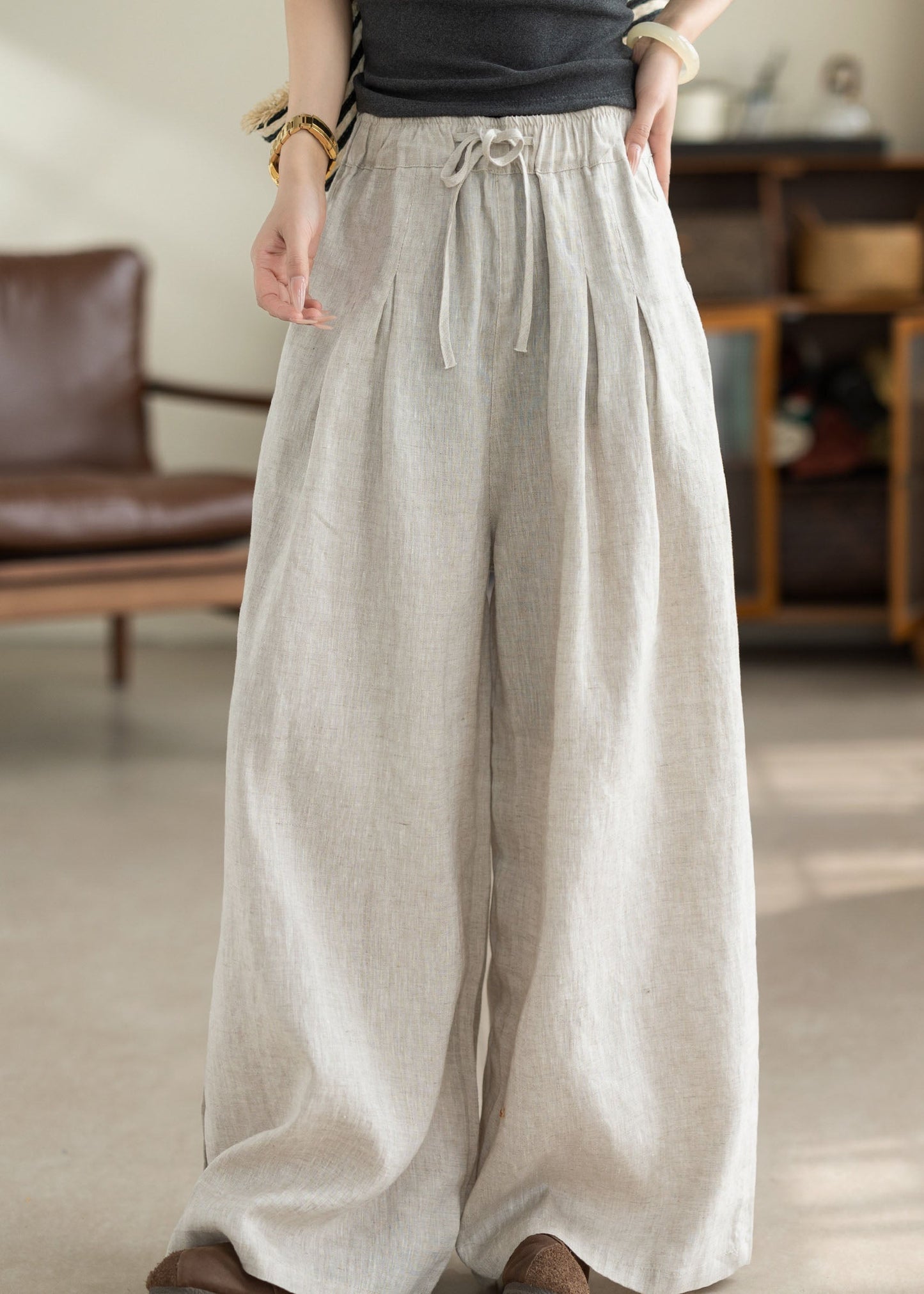 Beautiful Green Pockets Elastic Waist Linen Pants Summer