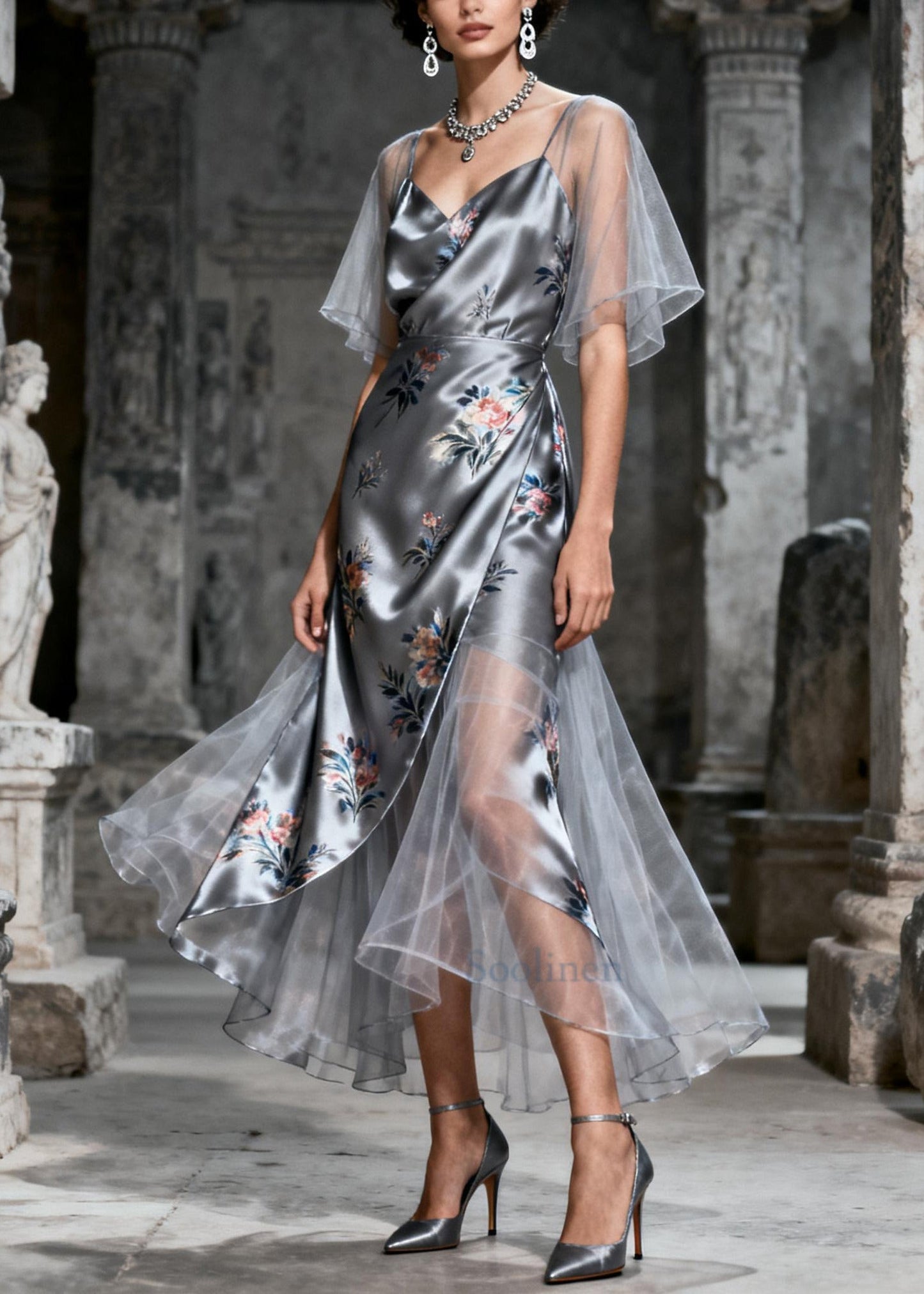 Beautiful Grey Print Patchwork Tulle Party Dresses Summer